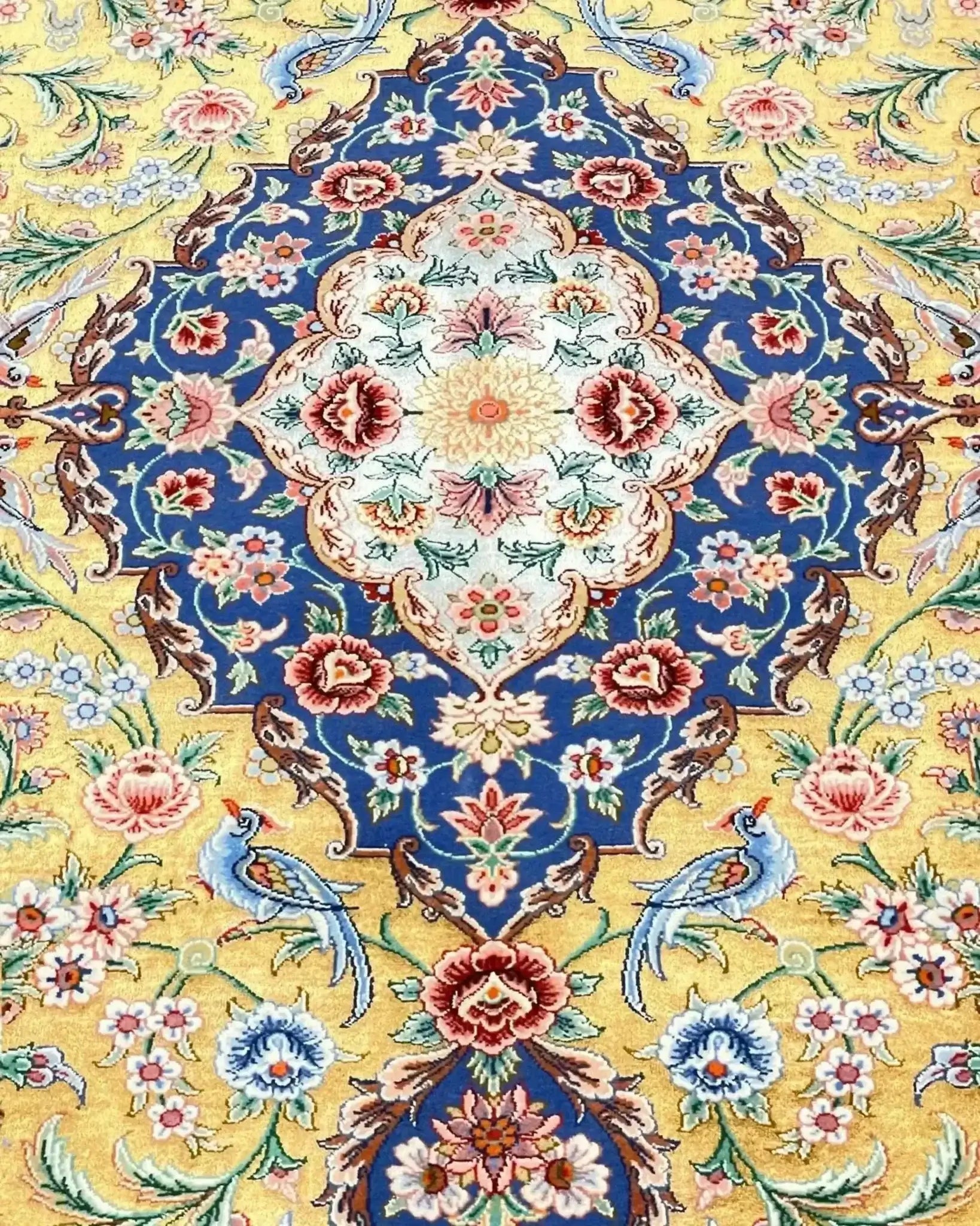 "Luxury Persian rug with intricate floral patterns and vibrant colors"